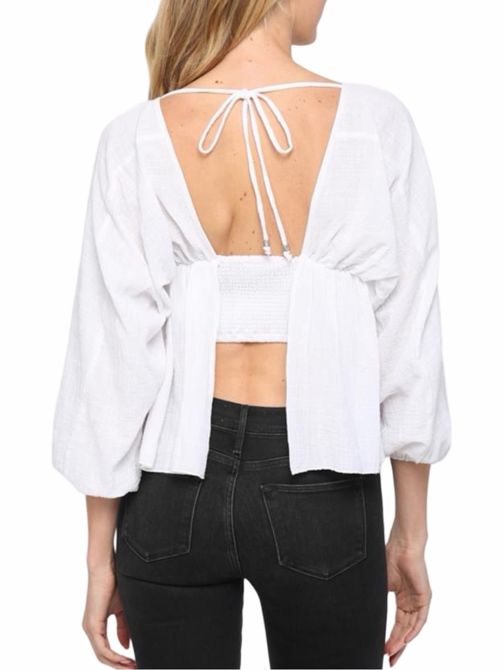 Fate Smocked Open Back Square Neck Top - Size Medium - White